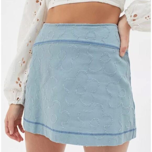 NEW Urban Outfitters Sky Blue Mod Floral Textured Mini Skirt Large - Picture 1 of 8